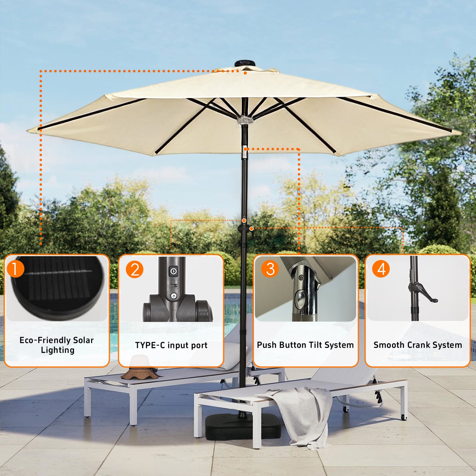 Moonlight Solar 9ft 6-Rib Dual-Tone Tilt Patio Umbrella-Ivory